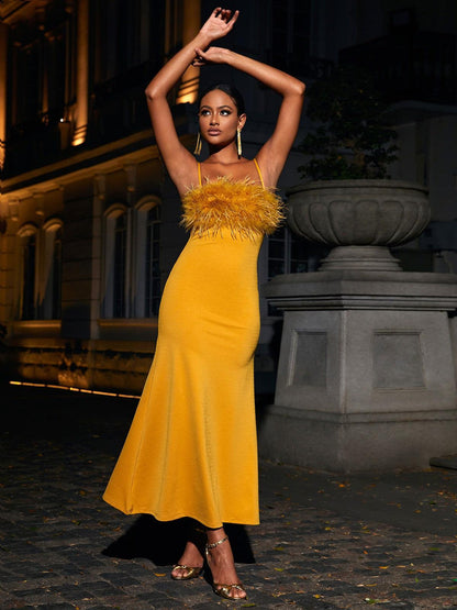 Spaghetti Strap Feather Trim Column Maxi Gown