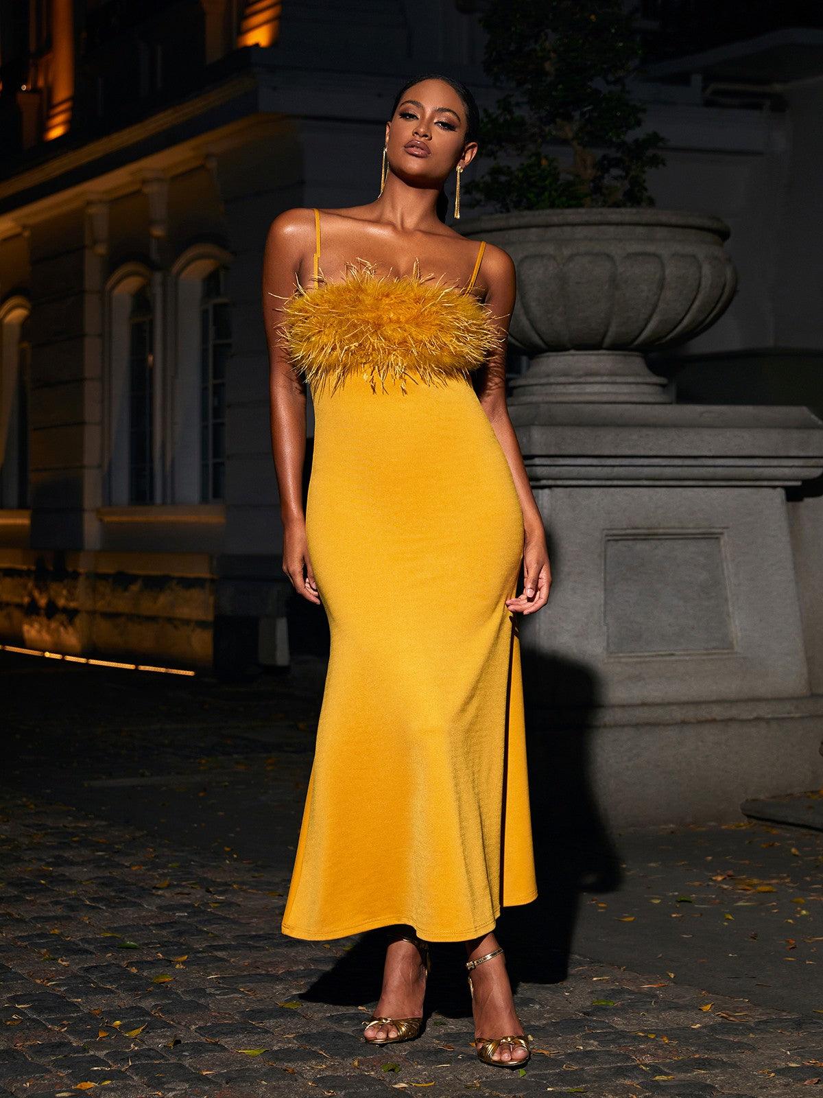 Spaghetti Strap Feather Trim Column Maxi Gown