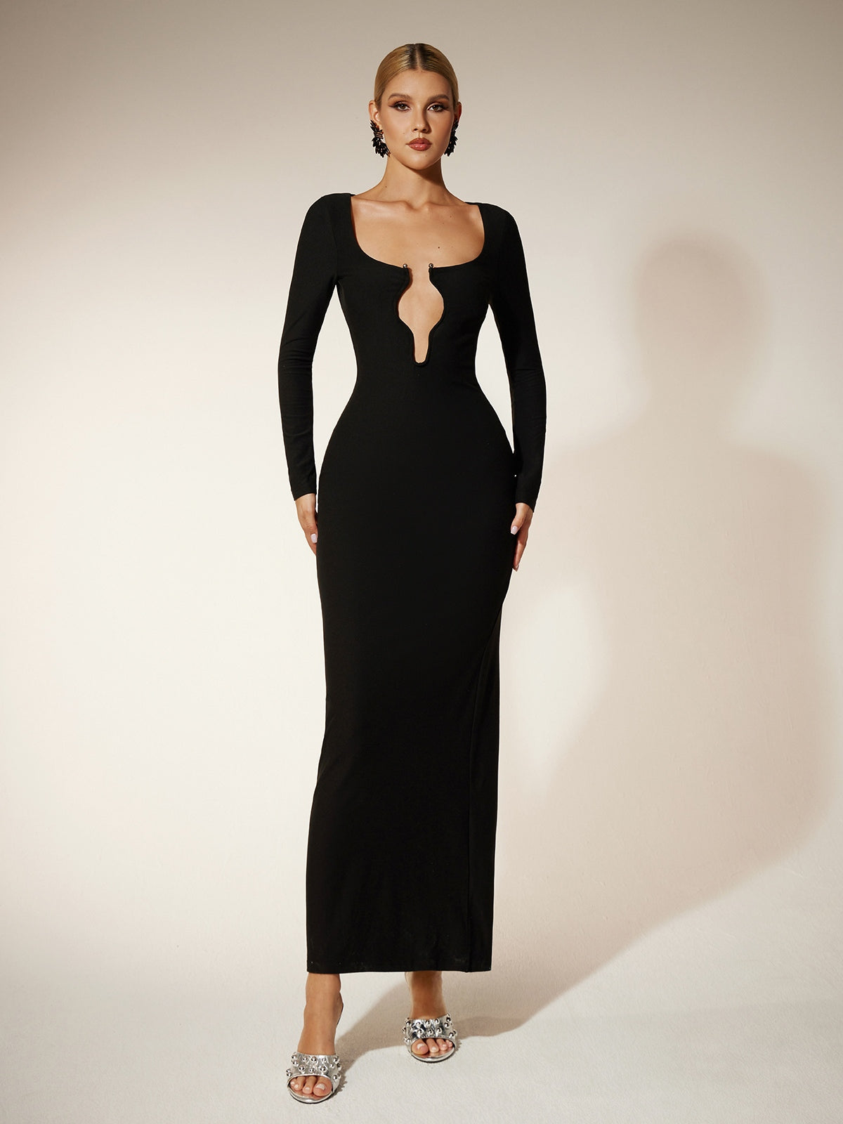 Mock Neck Long Sleeve Cutout Column Maxi Dress