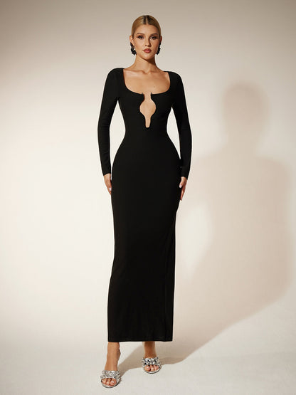 Mock Neck Long Sleeve Cutout Column Maxi Dress