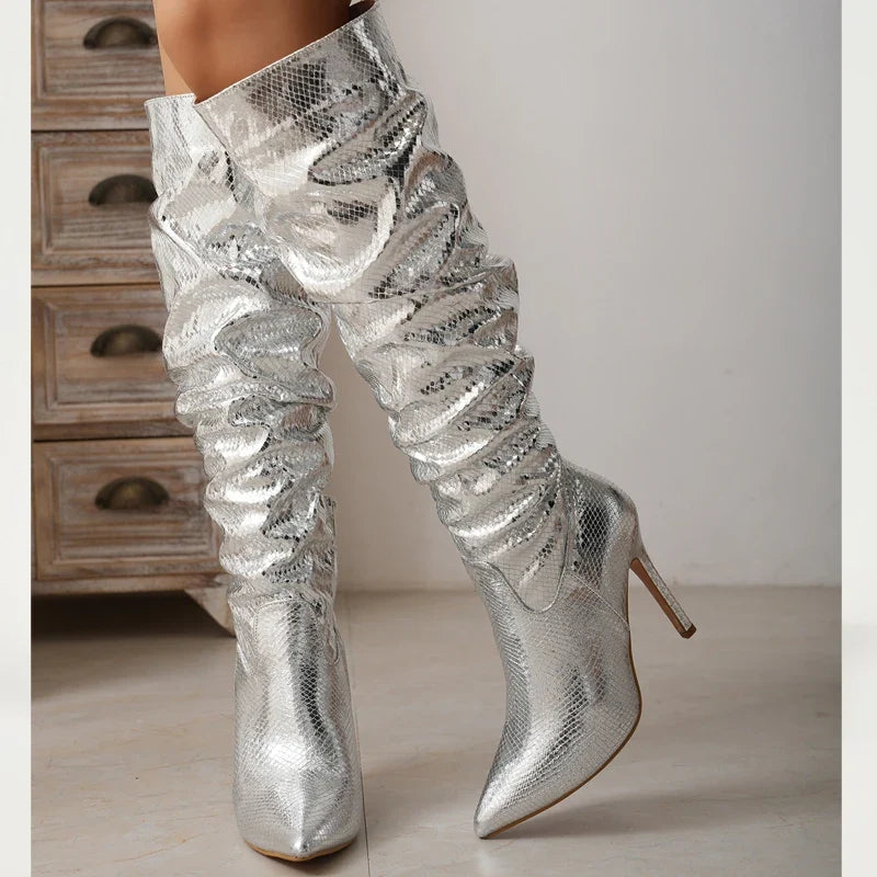 Fashion Silver Pointed Toe Thin Heels Long Side Zipper Knee High Boots