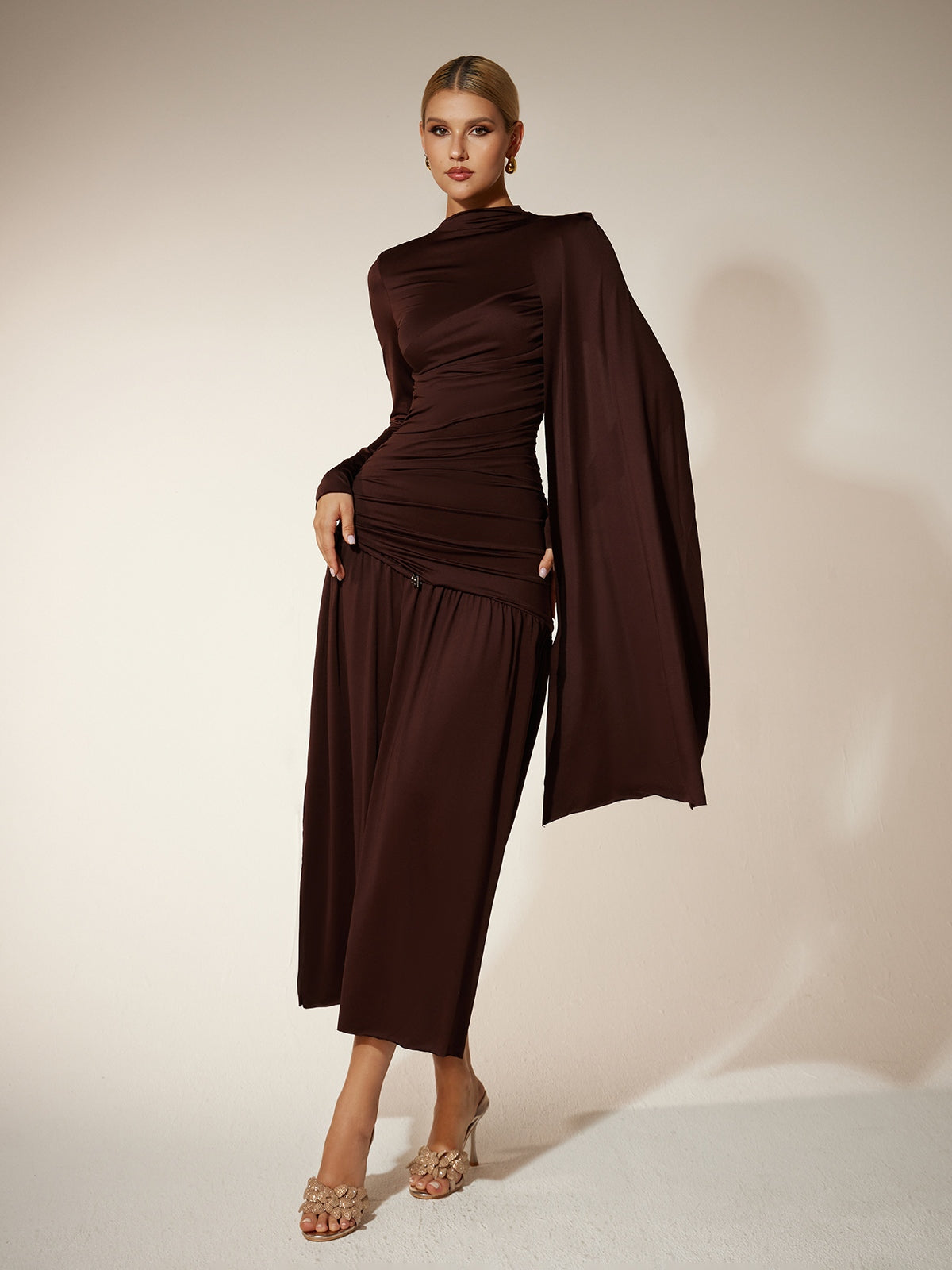 Mock Neck Long Sleeve Ruched Draped Midi Dress