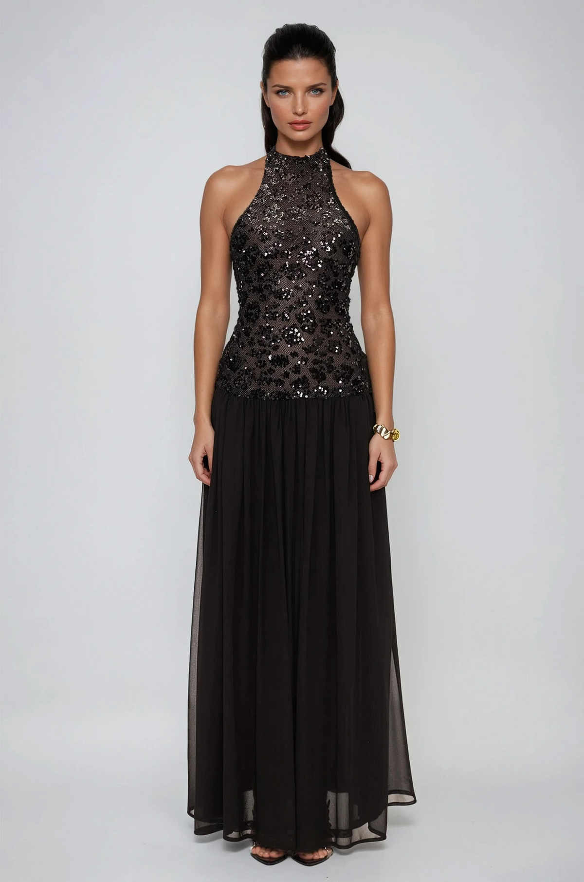 Halter Neck Sequin Mesh Pleated Chiffon Maxi Dress