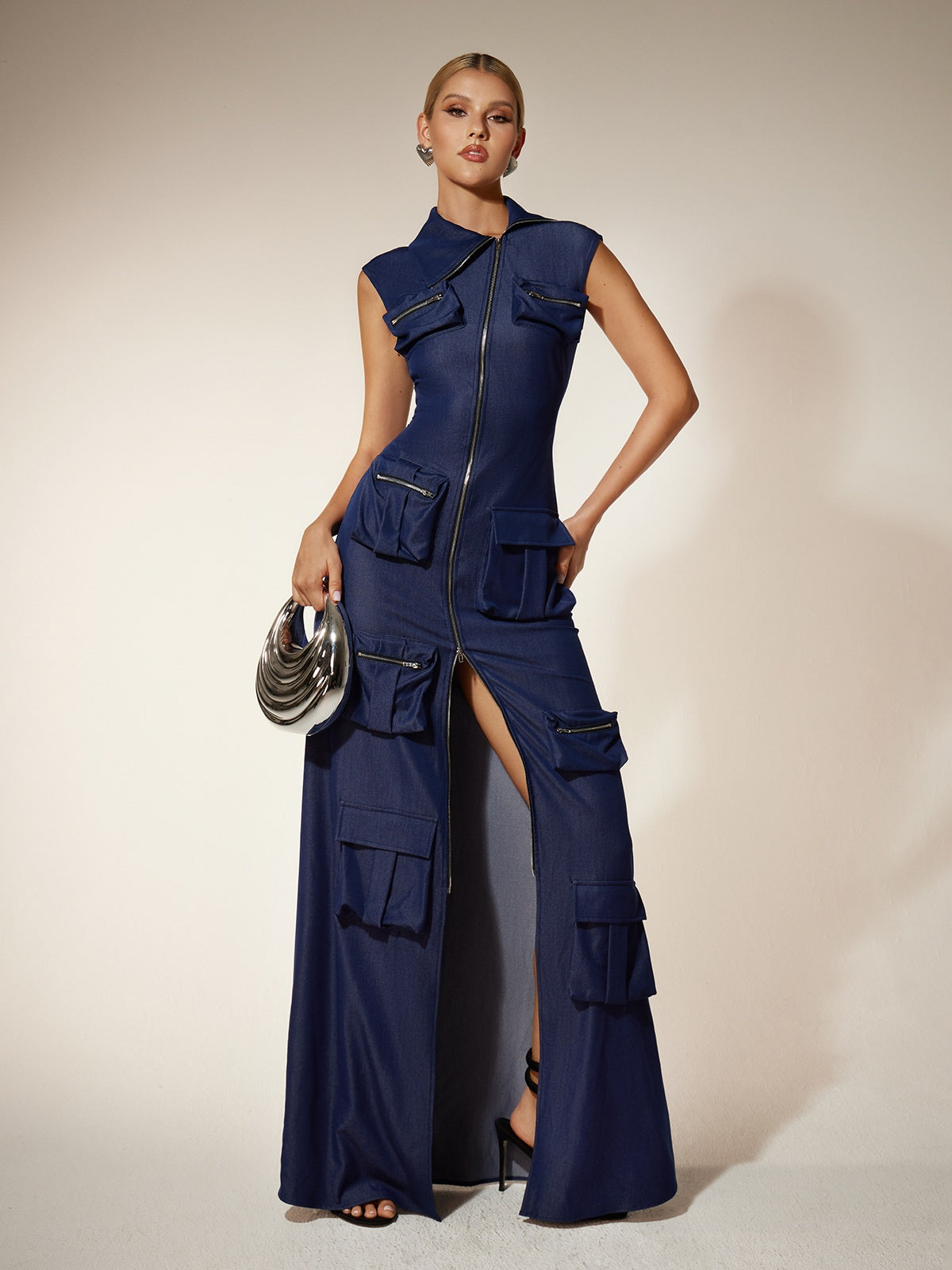 Collar Zip Pocket Utility Column Maxi Dress