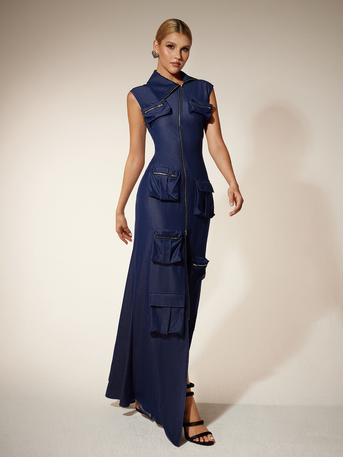 Collar Zip Pocket Utility Column Maxi Dress