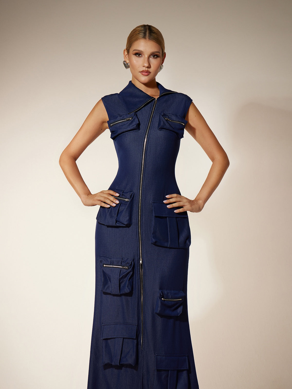 Collar Zip Pocket Utility Column Maxi Dress