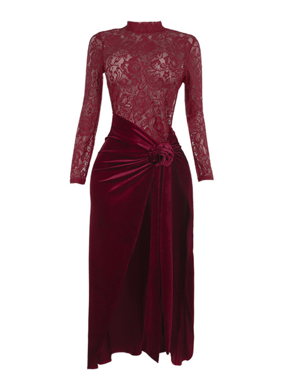 Strapless Flower Ruched Split Lace Velvet Maxi Gown