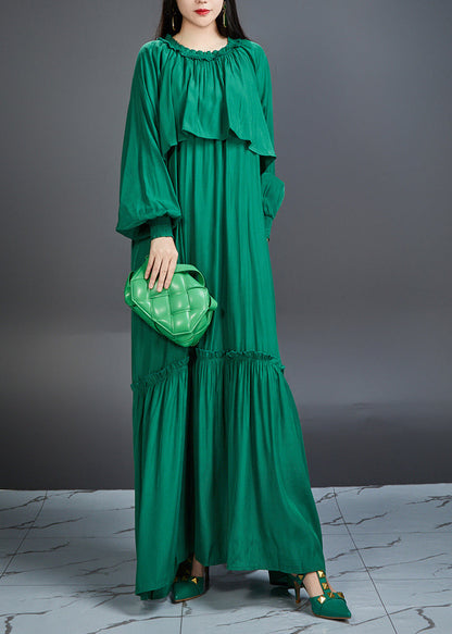 Round Neck Cape Overlay Smocked Cuff Tiered Crinkle Maxi Dress