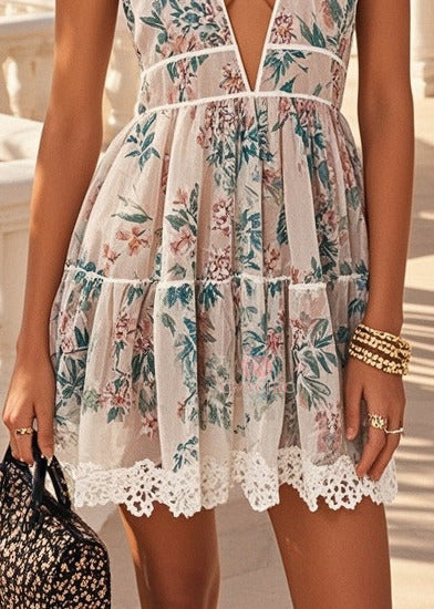 Deep V-Neck Empire Waist Floral Tiered Lace Crochet Hem Mini Dress