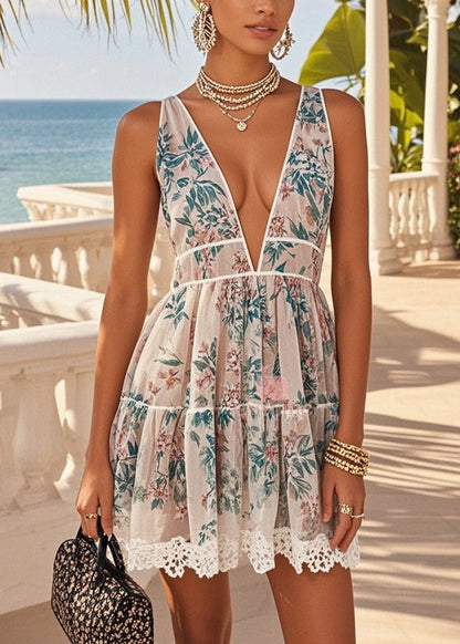 Deep V-Neck Empire Waist Floral Tiered Lace Crochet Hem Mini Dress