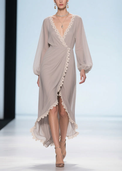 Wrap V-Neck Lace Trim Balloon Sleeve High-Low Chiffon Maxi Dress