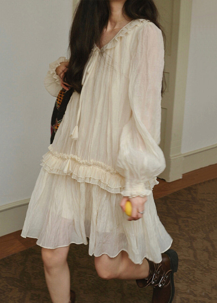 Tiered Tassel Tie Bishop Sleeve Gauze Mini Dress