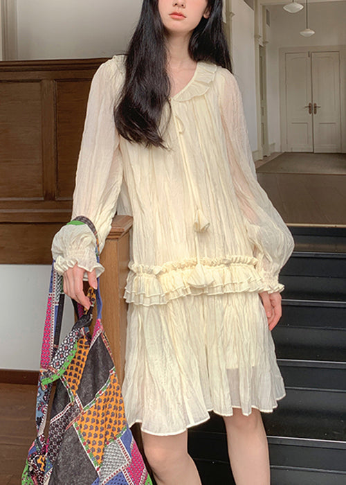 Tiered Tassel Tie Bishop Sleeve Gauze Mini Dress