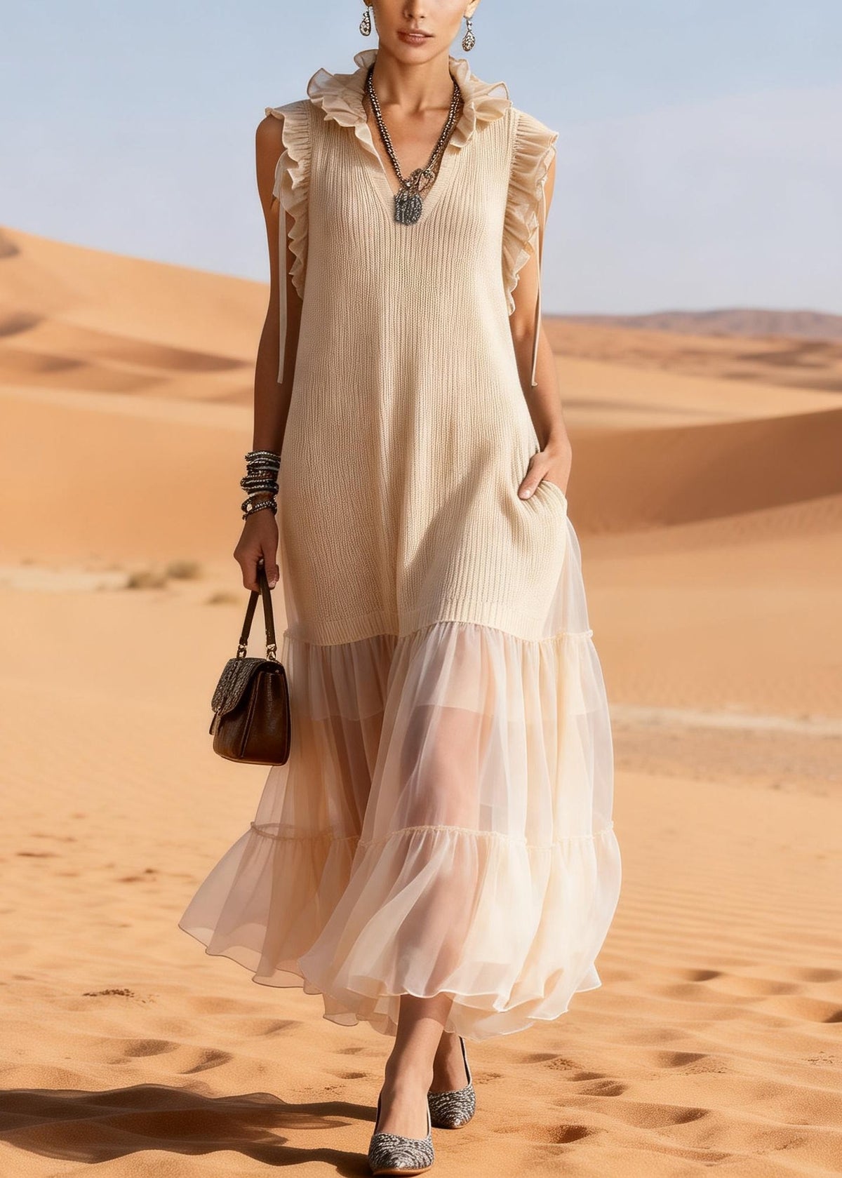 Ruffle Collar V-Neck Ribbed Knit Sheer Tiered Mesh Hem Dress