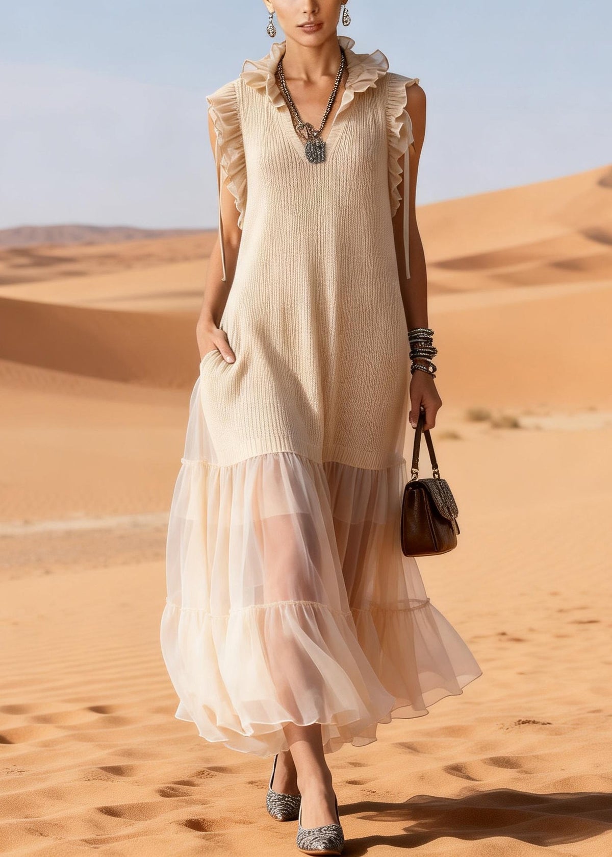 Ruffle Collar V-Neck Ribbed Knit Sheer Tiered Mesh Hem Dress