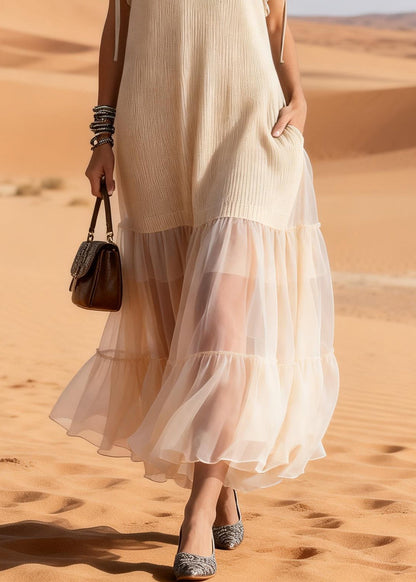 Ruffle Collar V-Neck Ribbed Knit Sheer Tiered Mesh Hem Dress