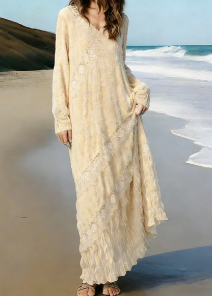 V-Neck Lace Trim Long Sleeve Diagonal Lace Panel Ruffle Hem Crinkle Maxi Dress