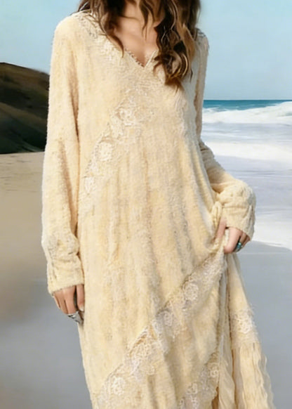 V-Neck Lace Trim Long Sleeve Diagonal Lace Panel Ruffle Hem Crinkle Maxi Dress