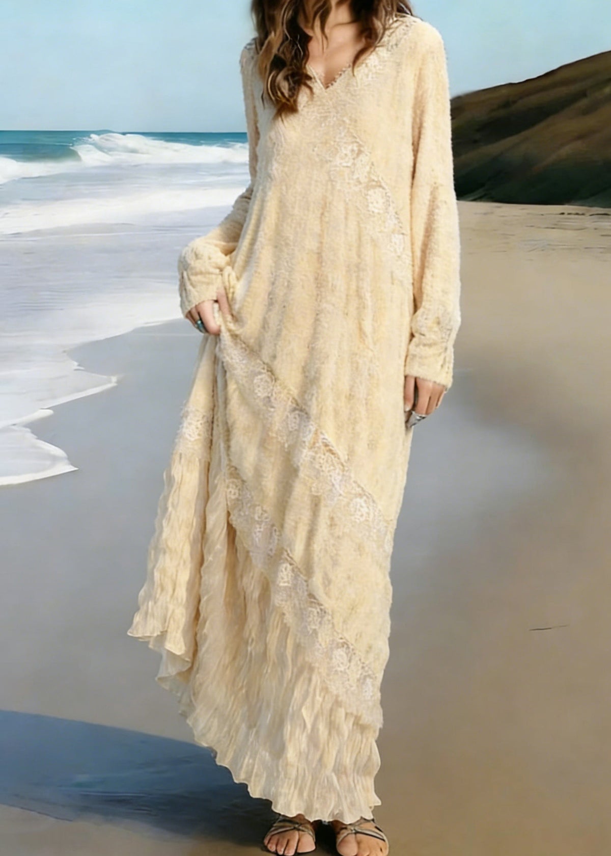 V-Neck Lace Trim Long Sleeve Diagonal Lace Panel Ruffle Hem Crinkle Maxi Dress
