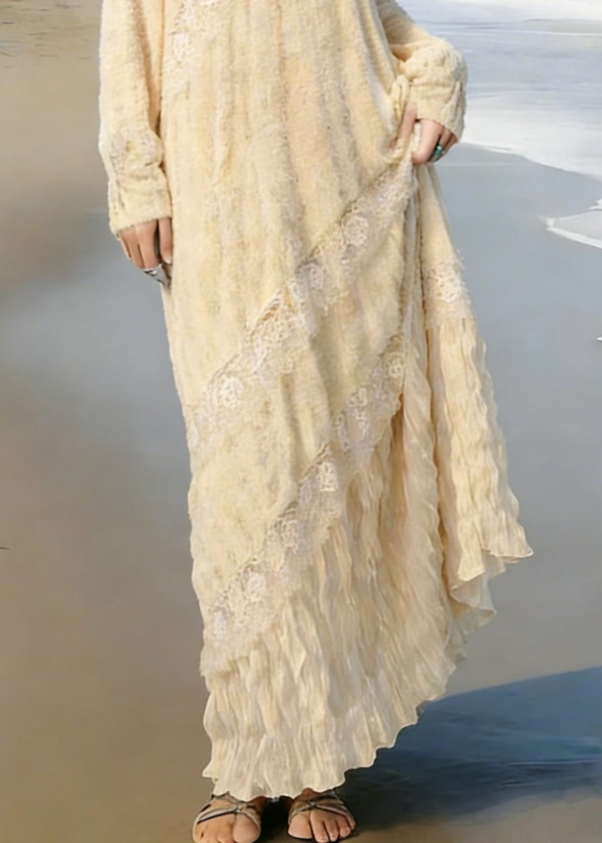 V-Neck Lace Trim Long Sleeve Diagonal Lace Panel Ruffle Hem Crinkle Maxi Dress