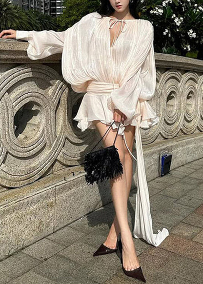 Padded Shoulder Bishop Sleeve Pleated Ruched Waist Tiered Mini Dress