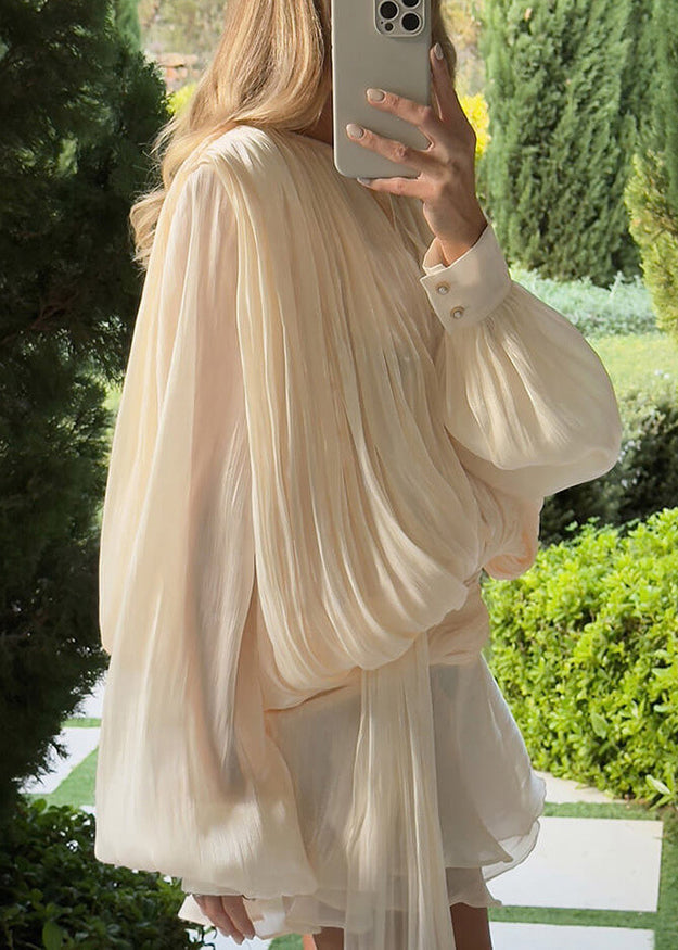Padded Shoulder Bishop Sleeve Pleated Ruched Waist Tiered Mini Dress