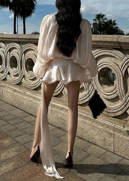 Padded Shoulder Bishop Sleeve Pleated Ruched Waist Tiered Mini Dress