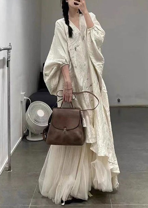 Asymmetrical Tulle Patchwork Lantern Sleeve Maxi Dress