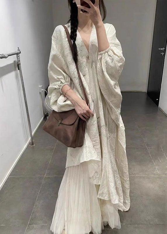 Asymmetrical Tulle Patchwork Lantern Sleeve Maxi Dress