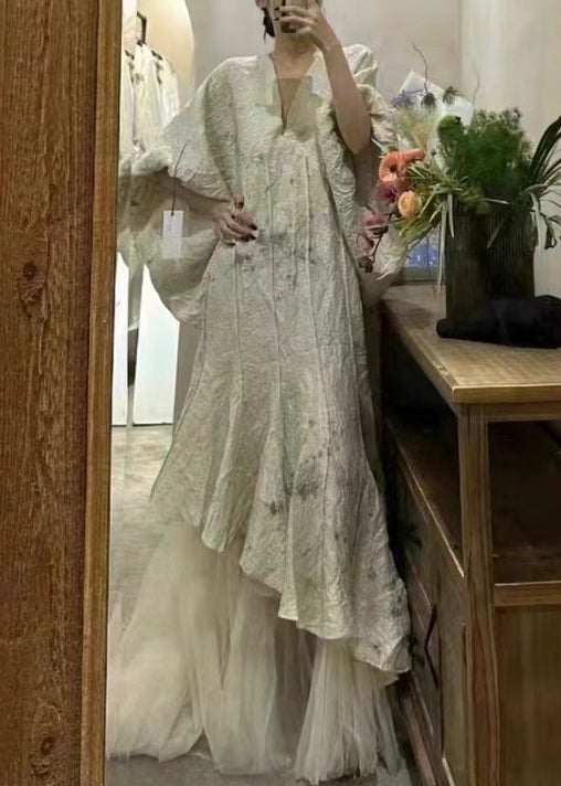 Asymmetrical Tulle Patchwork Lantern Sleeve Maxi Dress