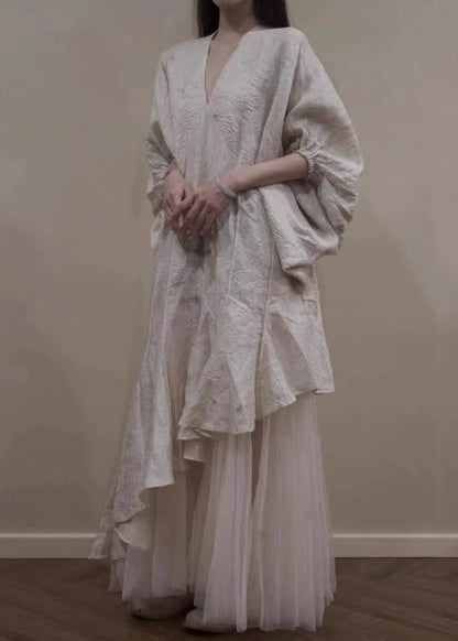Asymmetrical Tulle Patchwork Lantern Sleeve Maxi Dress