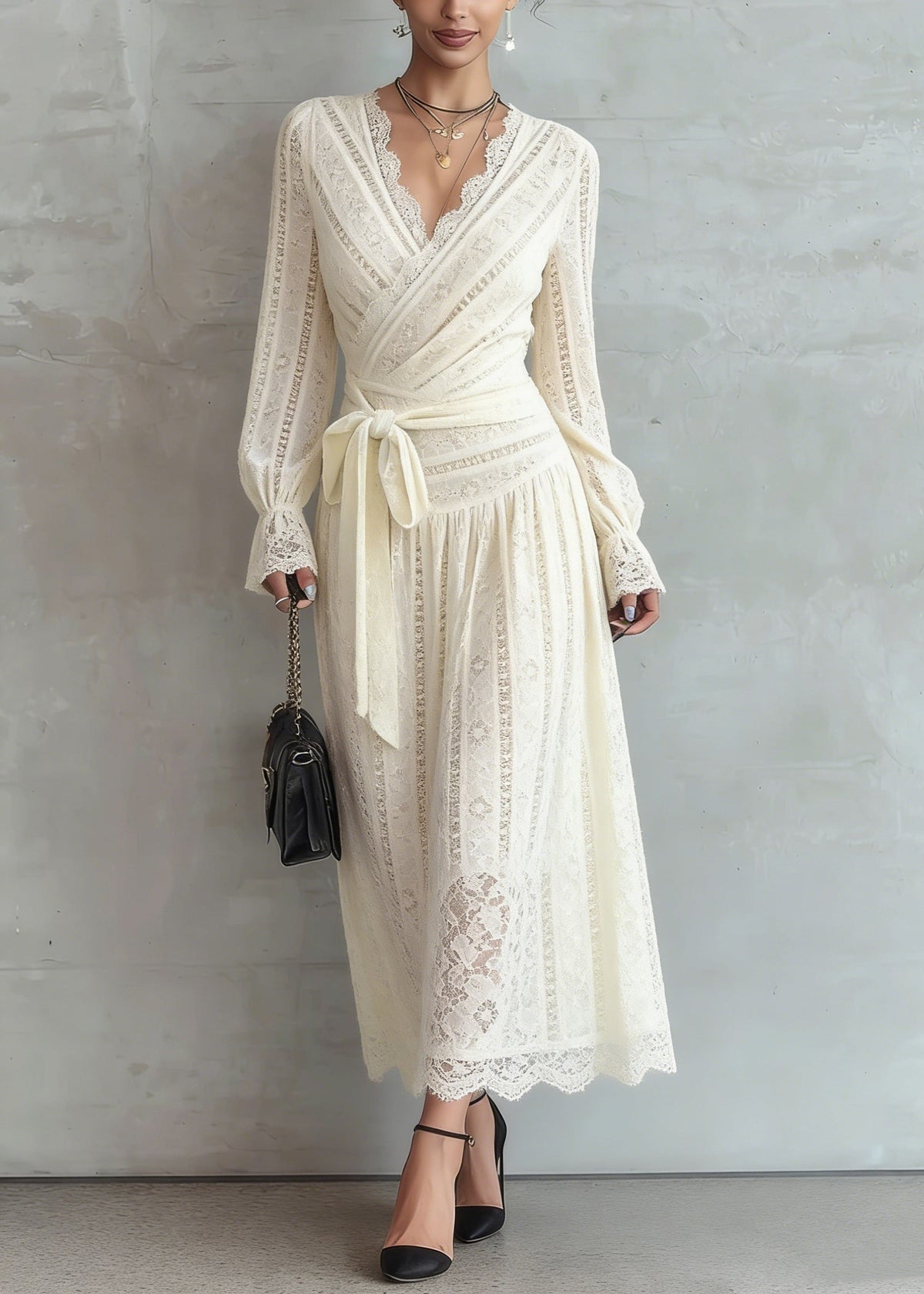 Deep V-Neck Long Sleeve Lace Wrap Tie Waist Scalloped Hem Midi Dress