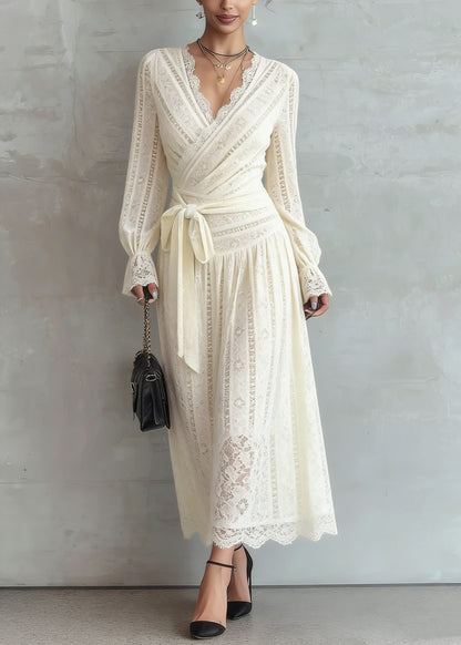 Deep V-Neck Long Sleeve Lace Wrap Tie Waist Scalloped Hem Midi Dress