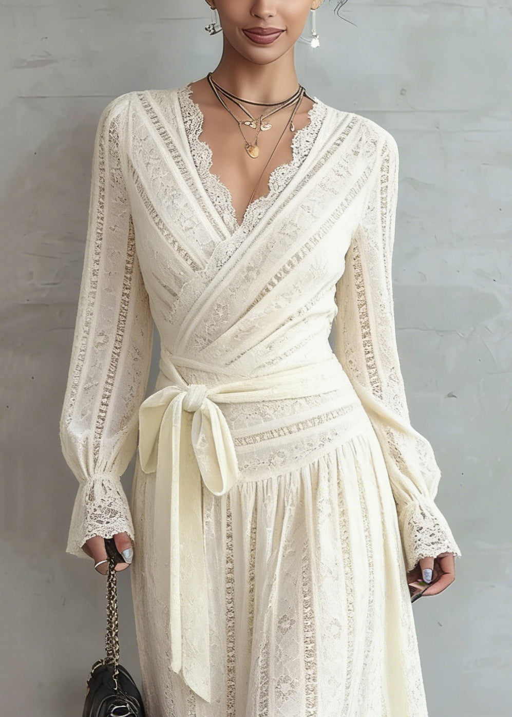 Deep V-Neck Long Sleeve Lace Wrap Tie Waist Scalloped Hem Midi Dress