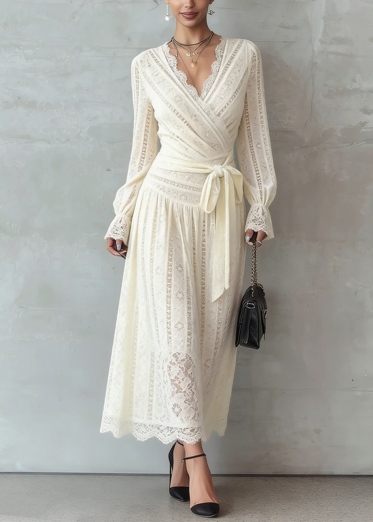 Deep V-Neck Long Sleeve Lace Wrap Tie Waist Scalloped Hem Midi Dress