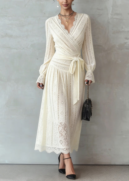 Deep V-Neck Long Sleeve Lace Wrap Tie Waist Scalloped Hem Midi Dress