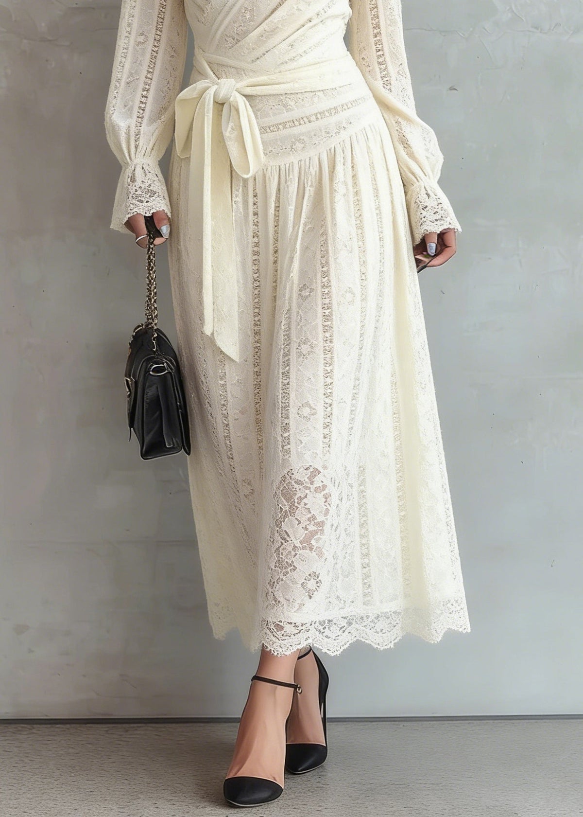 Deep V-Neck Long Sleeve Lace Wrap Tie Waist Scalloped Hem Midi Dress