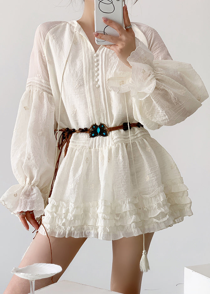 Pintuck V-Neck Button Front Balloon Sleeve Tiered Ruffle Mini Dress