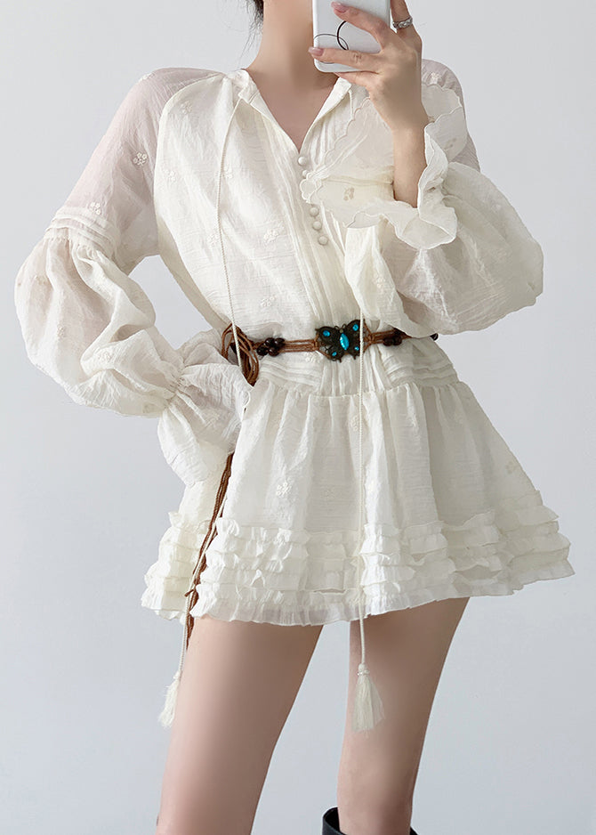 Pintuck V-Neck Button Front Balloon Sleeve Tiered Ruffle Mini Dress