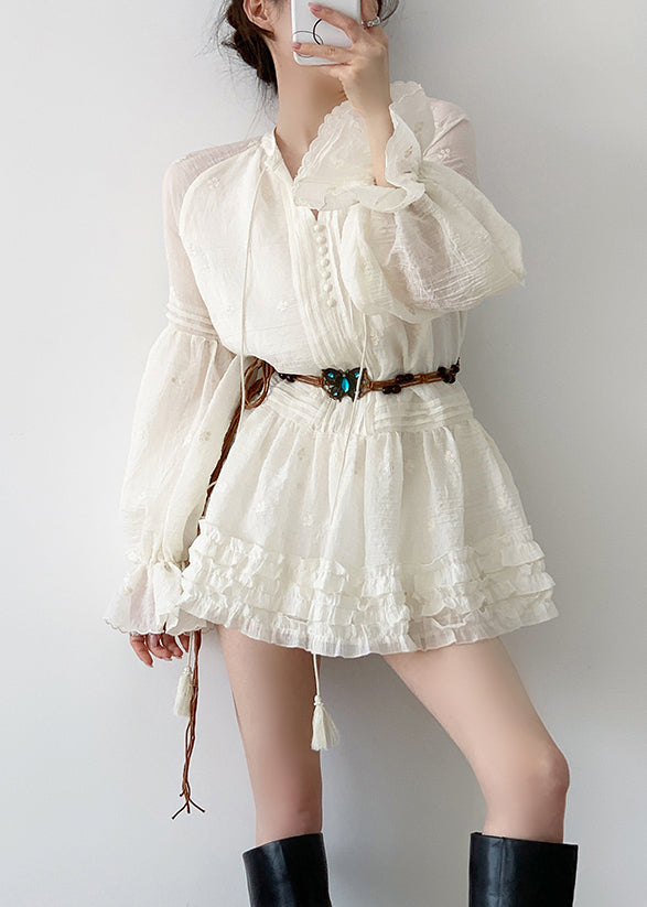 Pintuck V-Neck Button Front Balloon Sleeve Tiered Ruffle Mini Dress