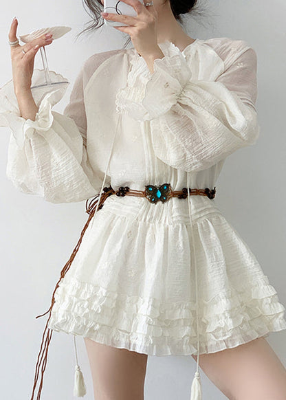 Pintuck V-Neck Button Front Balloon Sleeve Tiered Ruffle Mini Dress
