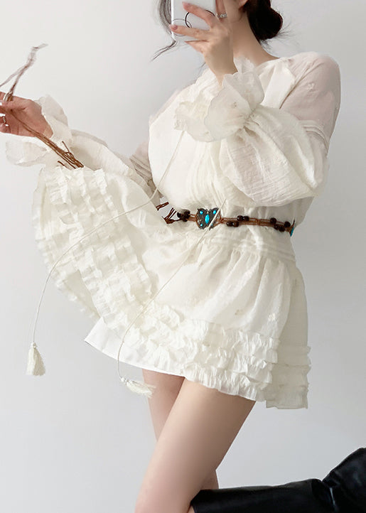 Pintuck V-Neck Button Front Balloon Sleeve Tiered Ruffle Mini Dress