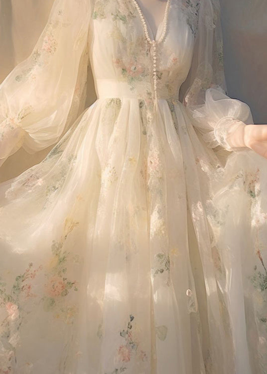 Deep V-Neck High Waist Tulle Overlay Long Sleeve Maxi Dress