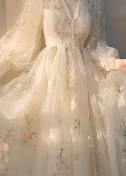 Deep V-Neck High Waist Tulle Overlay Long Sleeve Maxi Dress