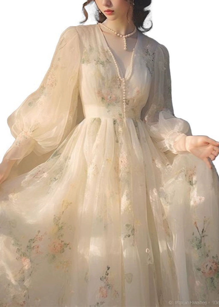 Deep V-Neck High Waist Tulle Overlay Long Sleeve Maxi Dress