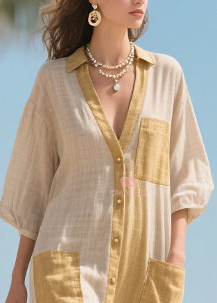 Split Panel Button Front Patch Pocket Sheer Ruffle Hem Midi Dress