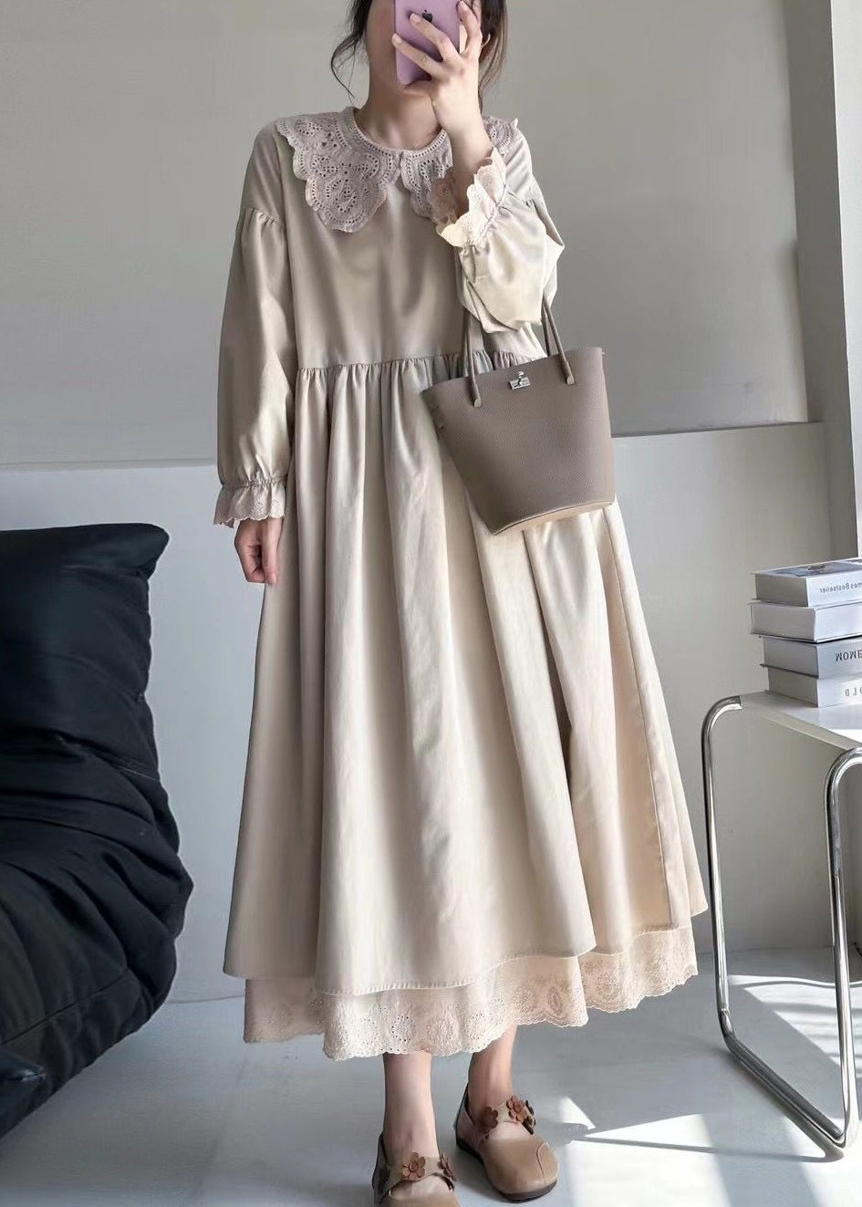Peter Pan Lace Collar Ruffled Cuff Layered Lace Hem Midi Dress