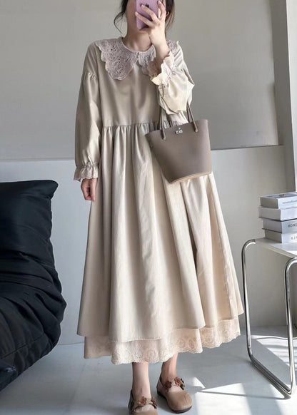 Peter Pan Lace Collar Ruffled Cuff Layered Lace Hem Midi Dress