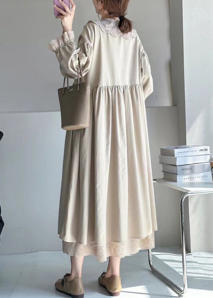 Peter Pan Lace Collar Ruffled Cuff Layered Lace Hem Midi Dress