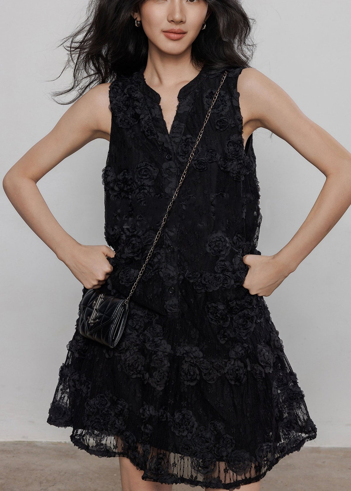 Mandarin Collar Button Front 3D Floral Lace Pocket Mini Dress